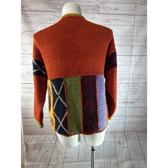 VTG Handmade by Rainbow crafts Cardigan women Size L Knitted Sweater Orange Blue - Picture 5 of 10